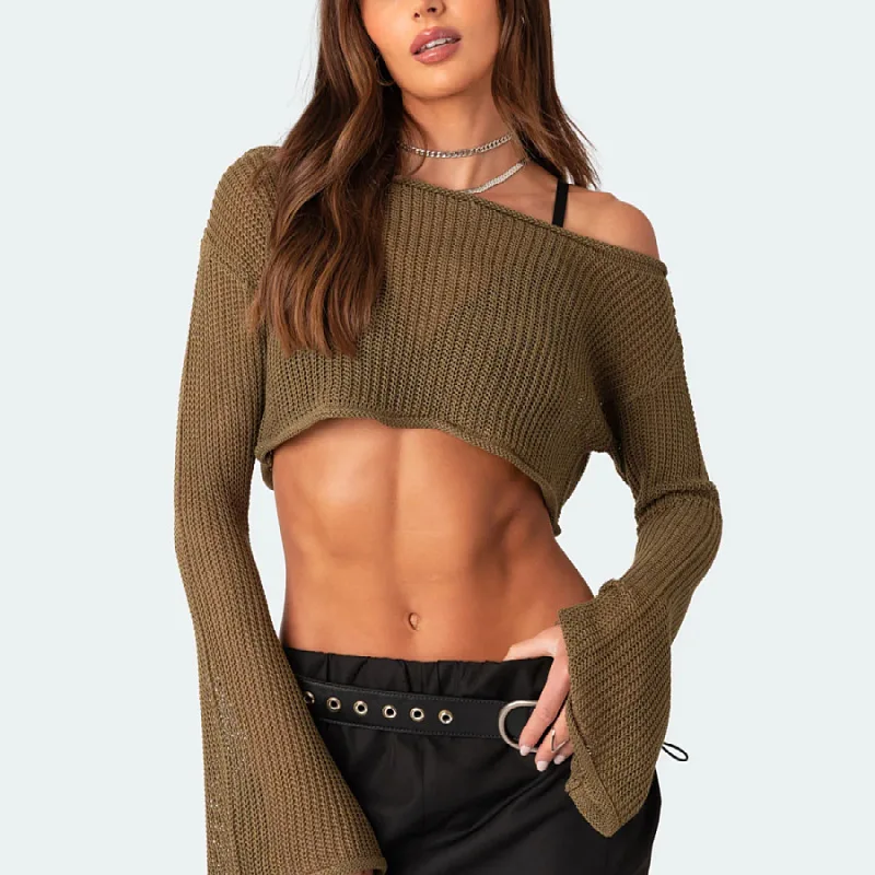 Women's knitwear sexy fashion crop short one line neck knitwear sweater women hollow out top long sleeve