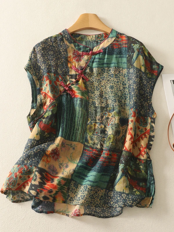 

Retro Artistic Collared Side Button Svel Cotton Linen Print irt Women Summer National Sle Small Top Women's Blouse