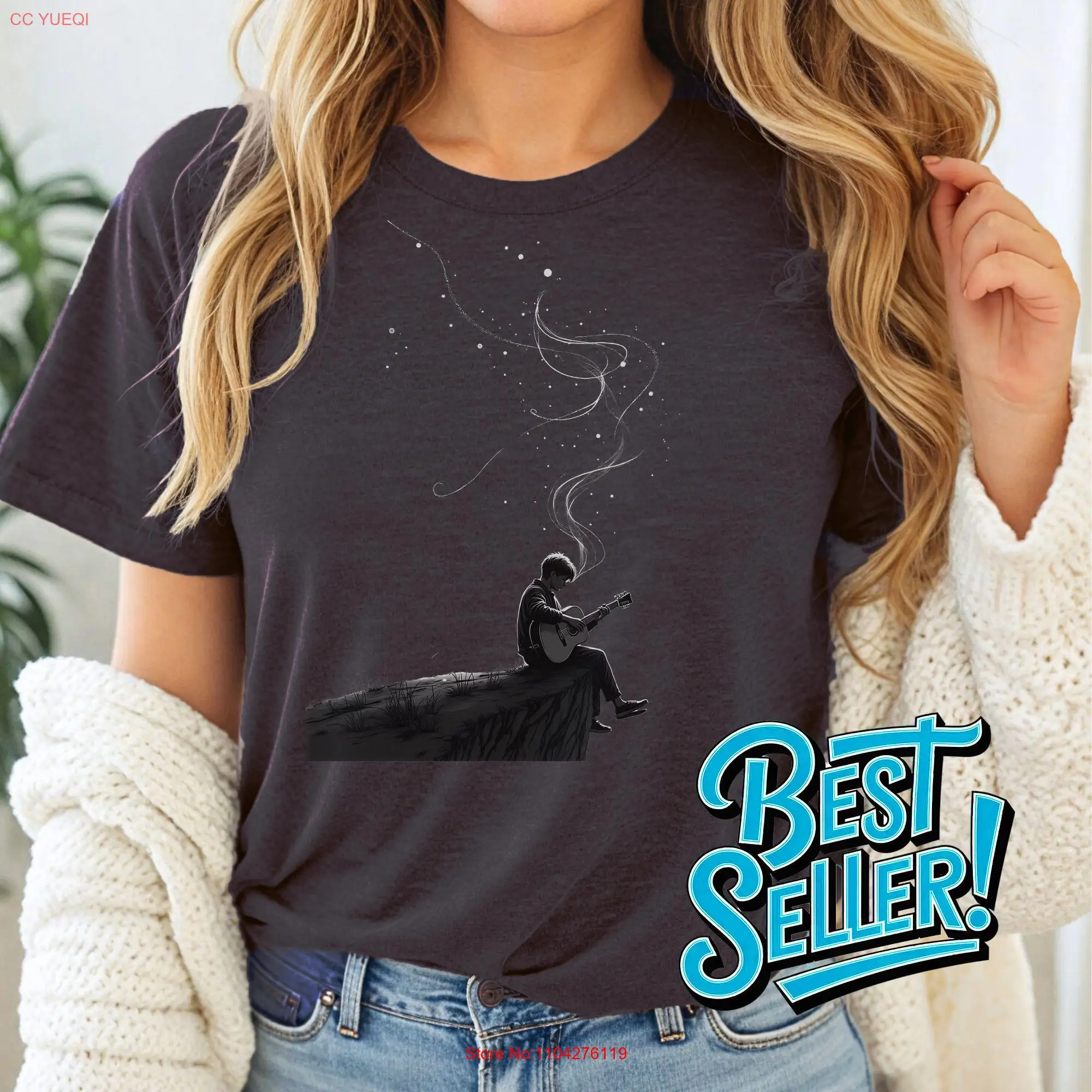 Camiseta de guitarra acústica Dreamcape, diseño de música artística, única, perfecta para amantes y conciertos, mangas largas o cortas