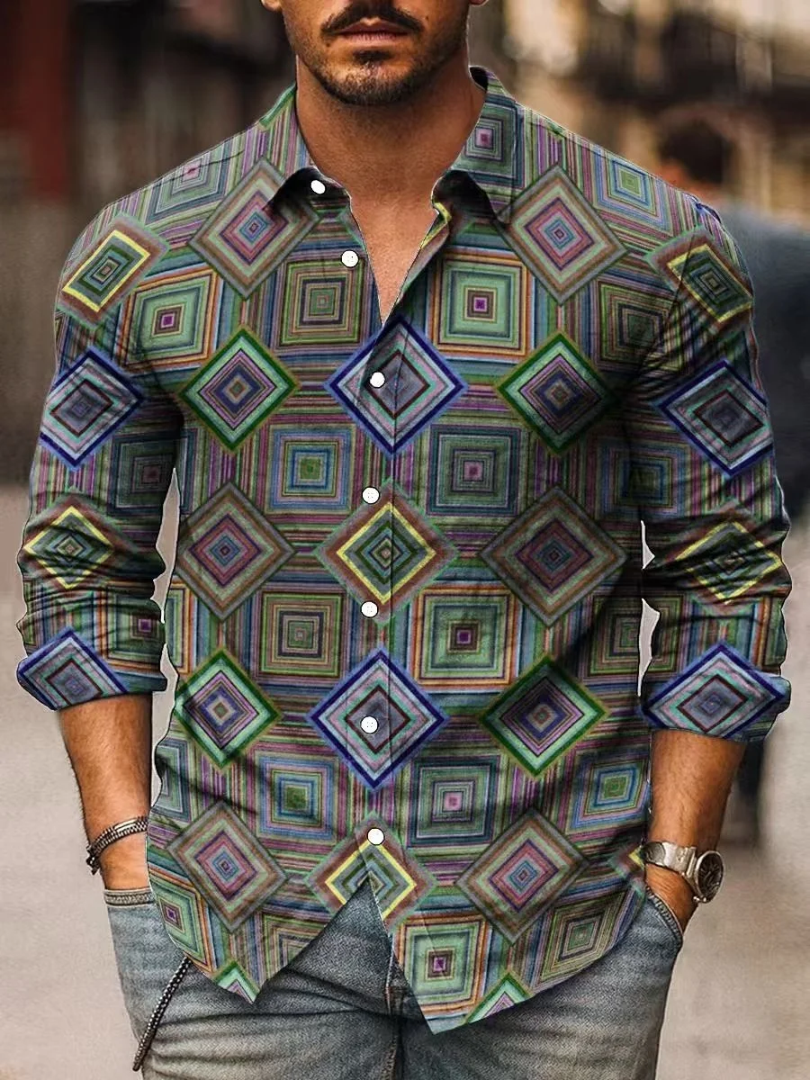 قميص رجالي بأكمام طويلة بطباعة هندسية، قميص أنيق بياقة بأزرار سفلية، مناسب للترفيه والعطلات في الهواء الطلق #1
