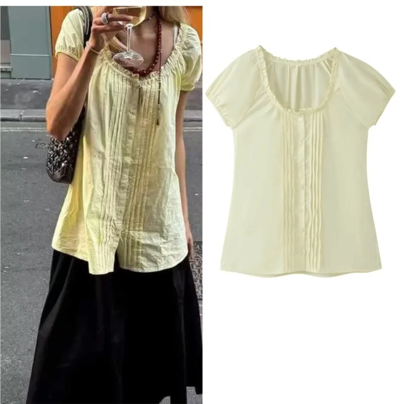 

Women's Shirt Summer New Round Neck Puff Short Sleeve Ruched Buttons Blouses Fashion Casual Female Vintage Tops