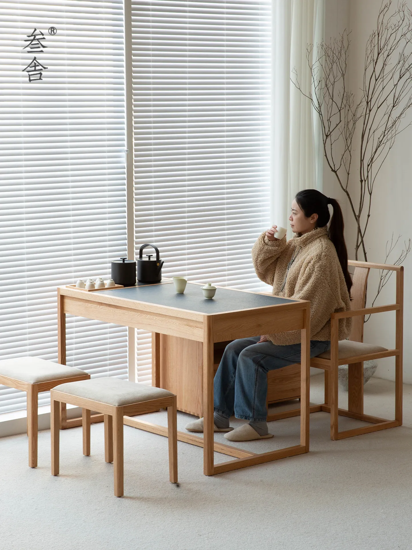 CX log wind small apartment balcony, home modern embedded kettle rock slab tea table