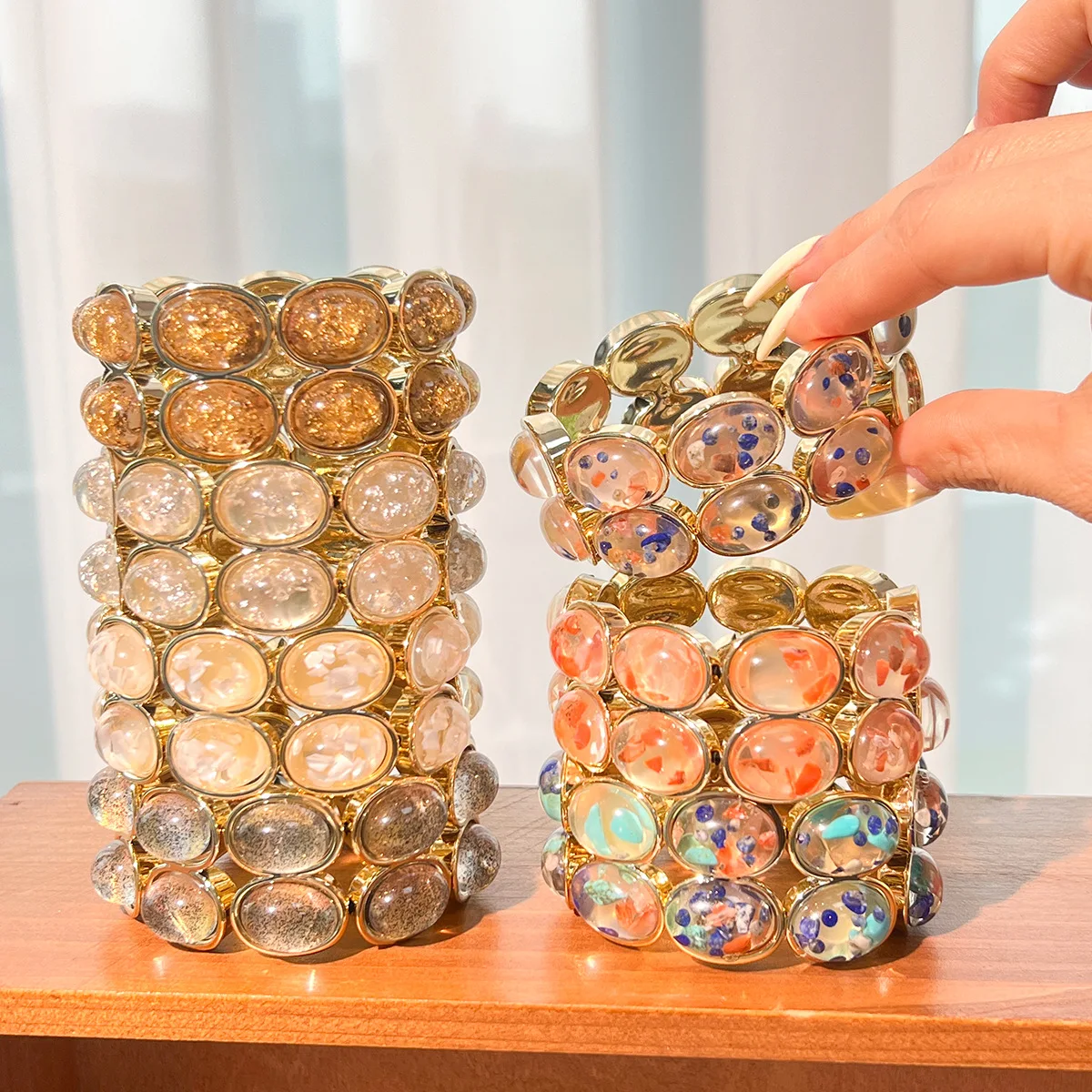 2026 Dopamine Chunky Resin Gold‑Flake Beaded Stretch Bracelets Boho Oval‑Shape Stackable Bangles Holiday Party Women Jewelry