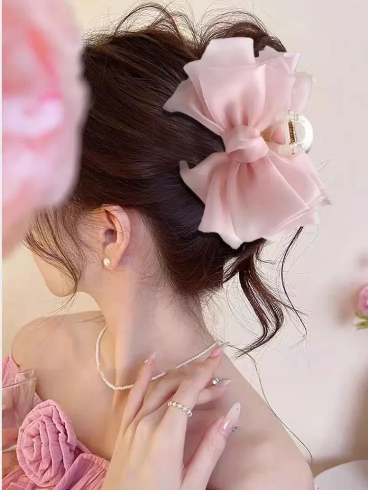 Neue große Mesh Bow Grab Clip Frühling und Sommer Damen High Sense Feste Haarnadel auf der Rückseite des Kopfes Shark Clip Crab Clip – Detail 16