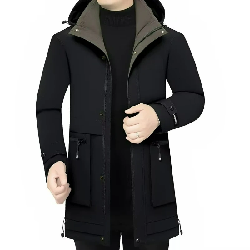 

Men's Winter Mid-Length Down Jacket White Duck Down Filled Lightweight Waterproof Detachable Lining Luxury Hooded Parka Coat