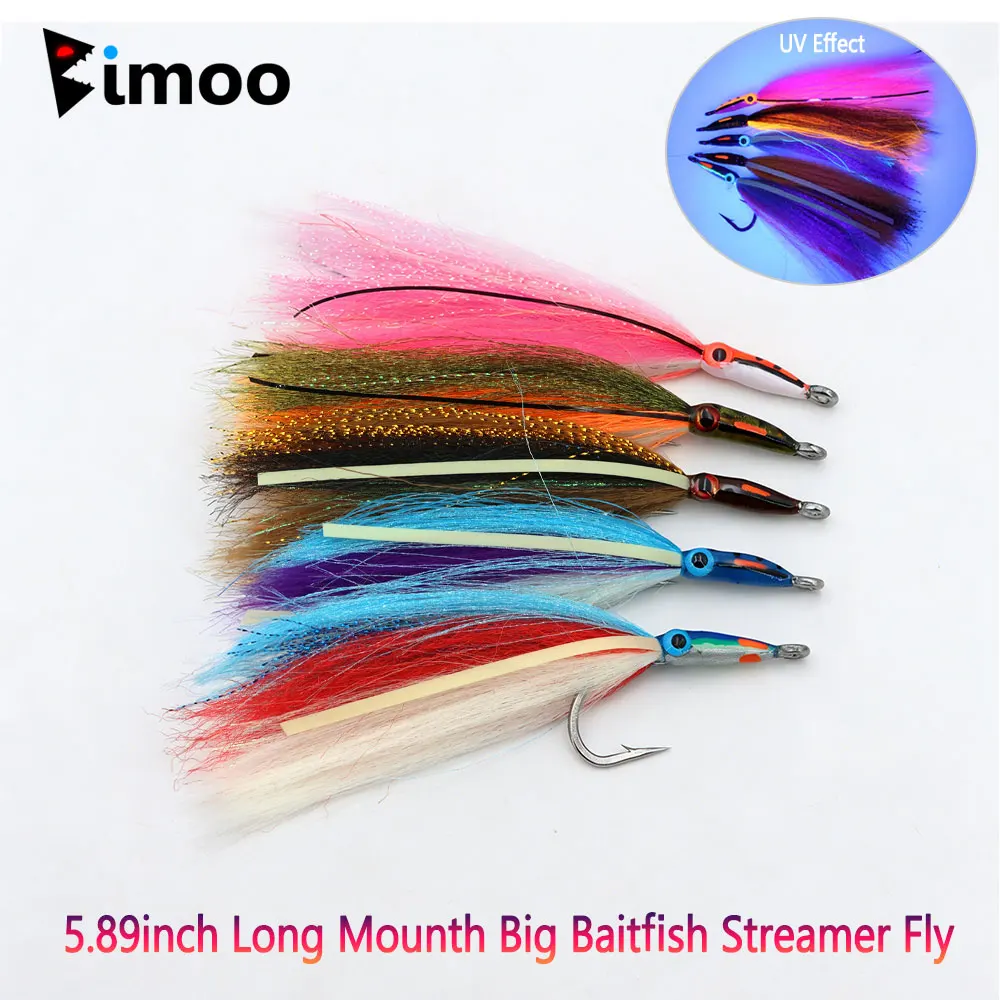 5 unidades de señuelos de pesca de agua salada tipo streamer luminosos 6/0 de 5.89 pulgadas con boca larga, ojos de pez 3D de epoxi, para pescar lucios, pez de mar y tarpones