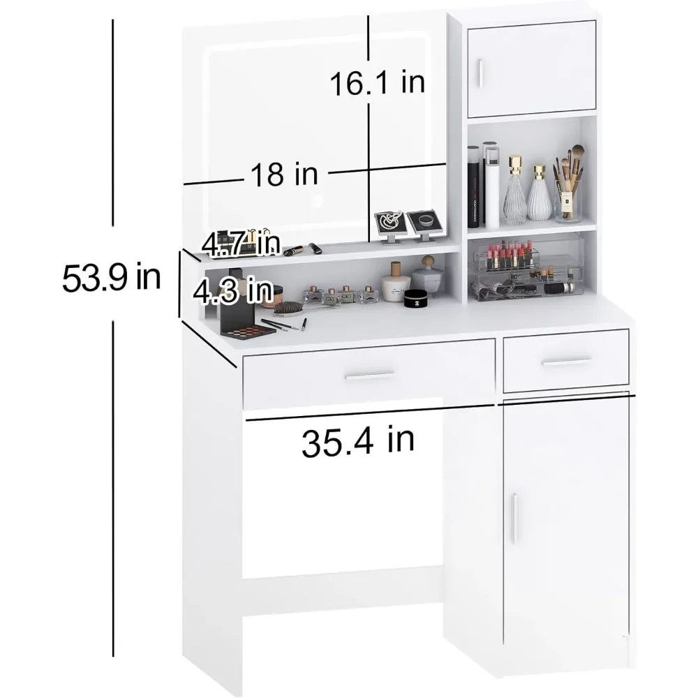 XMSJ tocador con espejo y tira LED, 3 niveles de almacenamiento, 3 modos de iluminación, brillo ajustable