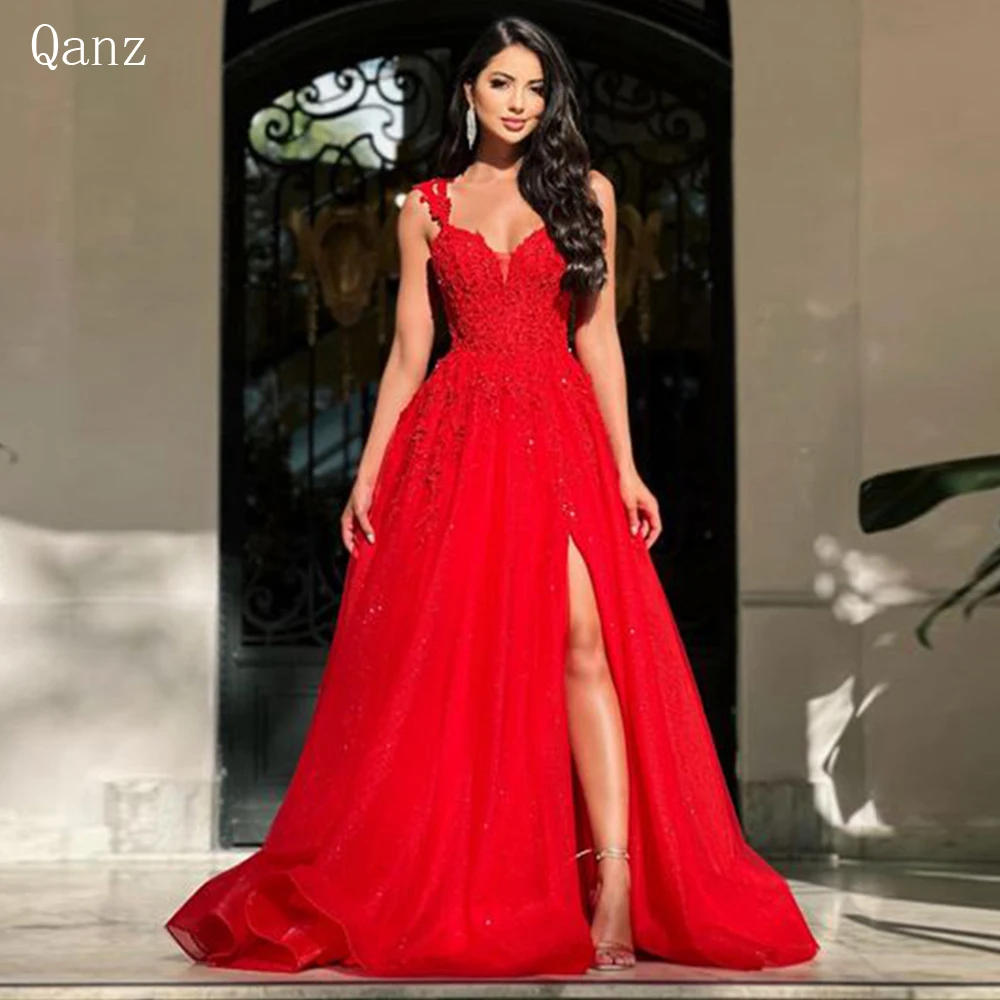 

Qanz A-line Tulle Evening Dresses Sweetheart Spaghetti Straps Vestidos De Noche Lace Appliques Sequins Leg Slit Party Dresses