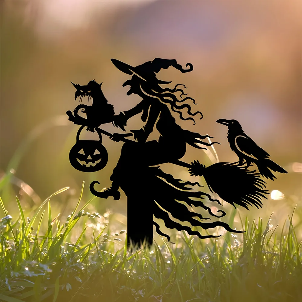 CIFBUY Iron Art Wall Decor Metal Witch Yard Sign Broom Riding Halloween Outdoor Decoration Garden Statue Black Cat Crow Figurine