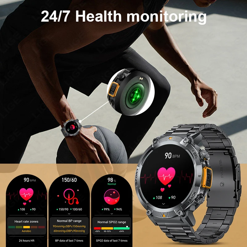 LIGE สมาร์ทวอท์ชผู้ชายพร้อมไฟฉายสร้อยข้อมือฟิตเนสกีฬาความดันโลหิต Health Monitor Smartwatch กันน้ําสําหรับ Android iOS