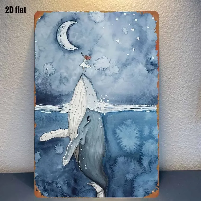 （2D Tin painting）Decoración de Pared Metálica Vintage con Diseño de Ballena y Niña en Acuarela - Letrero Artístico de Fantasí