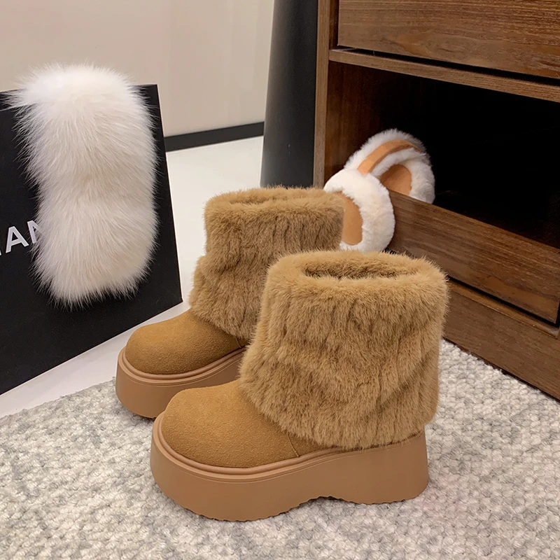 

Winter Warm Women Snow Boots Big Size Fashion Plush Platform Shoes Outdoor Luxury Furry Faux Fox Fur Women's Boots