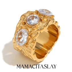MamacitaSlay 316L Stainless Steel Creative Oval Cubic Zirconia 18K Gold Plated Rings Exaggerated Waterproof Jewelry Women's Gift