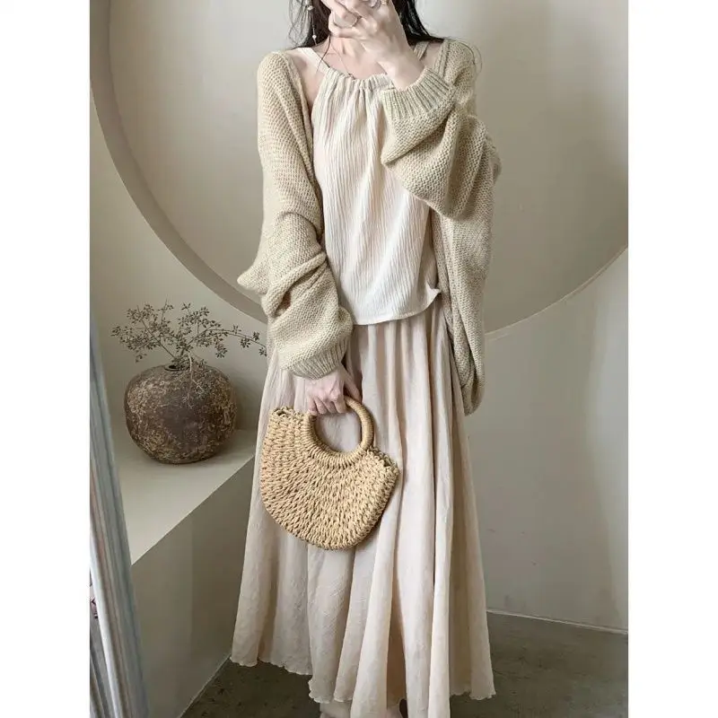 Pure Desire Wind Set Women's Spring 2024 New Sweater Cardigan+Neck Hanging Tank Top+Half Length Long Dress Three Piece Set Dress
