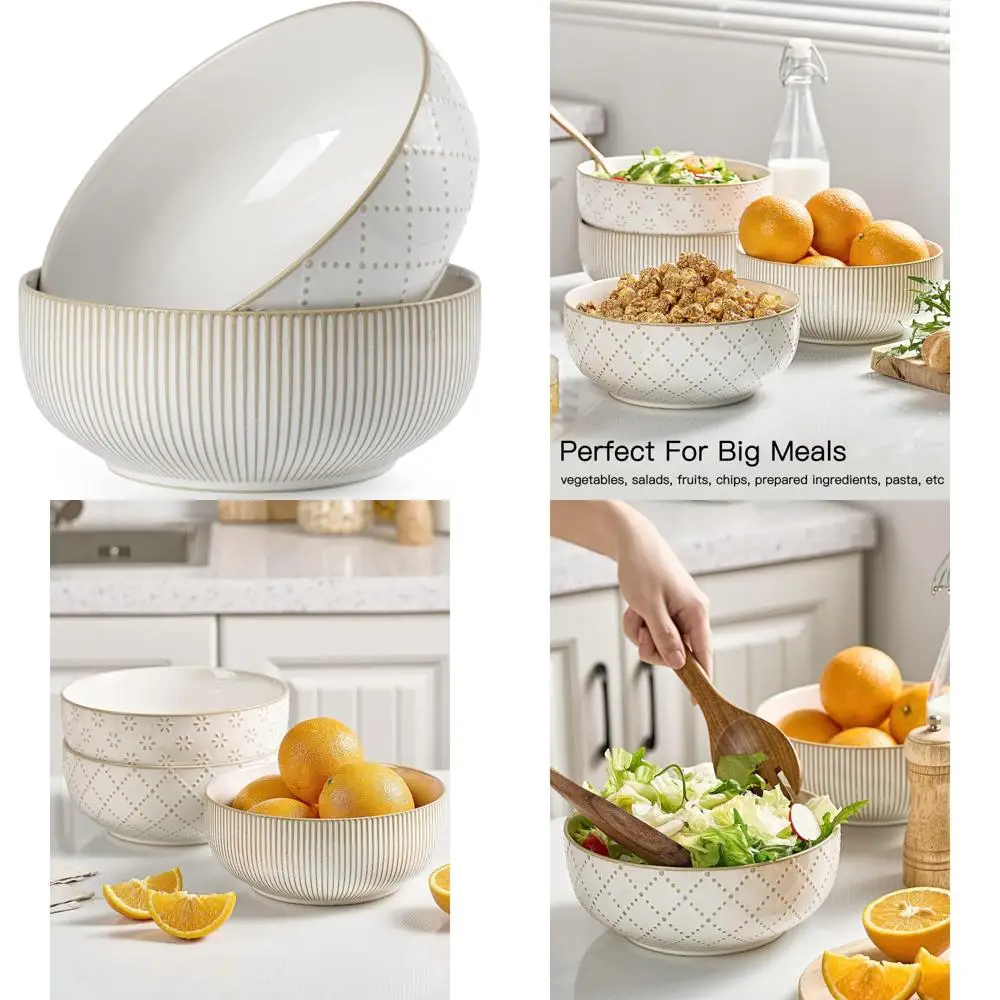 

large serving bowls (8 inch & 60 fl oz), ceramic salad bowl set of 2, microwave and dishwasher safe, farmhouse kitchen decorati