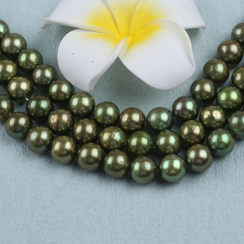 12-14mm Gold And Green Color Round Edison Shape Freshwater Pearl Strands For Sale