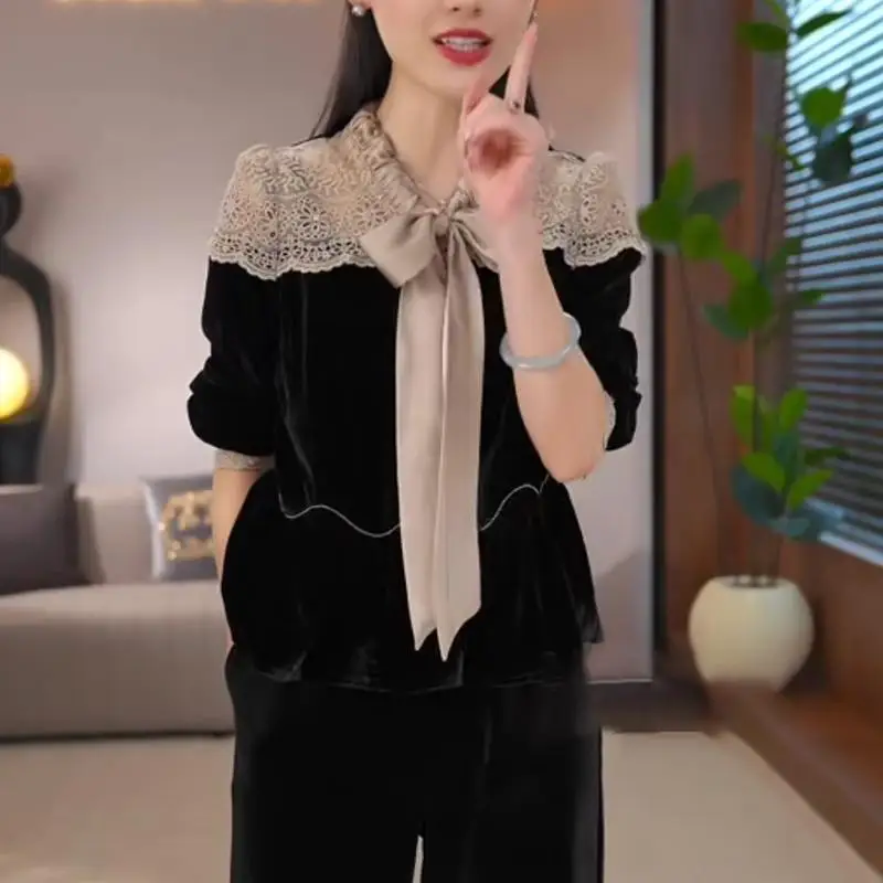

Velvet irt for Women Fashionable Autumn New Design Slimming Knot Lace Top Commute Sle Loose Fit Long Sve TT1007