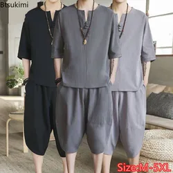 2026 Men's Summer Cotton and Linen Sets Chinese Style Fashion Two Piece Sets Men Loose Capris Casual Tang Suit Large Size M-5XL