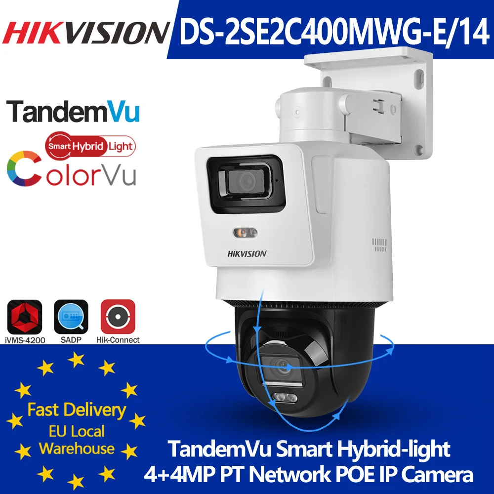 Hikvision DS-2SE2C400MWG-E/14 TandemVu 4MP+4MP PT Telecamera IP Smart Hybrid-light ColorVu Rilevamento veicoli umani Audio bidirezionale POE