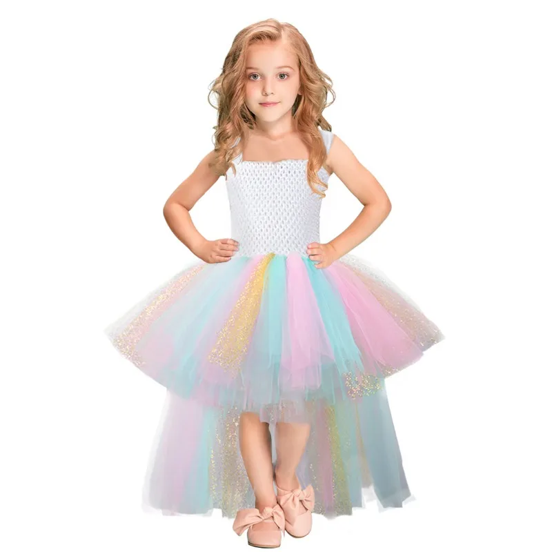 Girls' Princess Tulle Puffy Dress with Inner Lining, Trailing Formal Gown for Festivals, Outfit for New Year & Birthday Parties