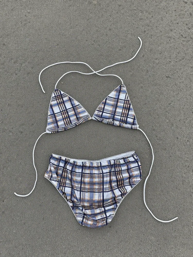 مجموعة بيكيني مربعات عالية الخصر مجموعة جمالية كلاسيكية قابلة للتعديل برباط للشاطئ وحمام السباحة