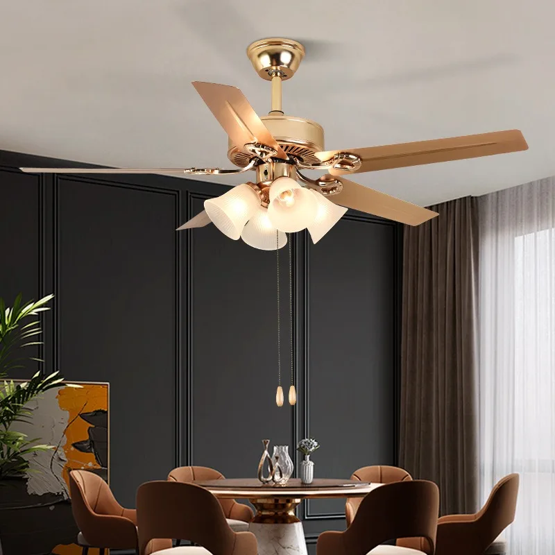 48 Inch Ceiling Fan with Lights, 5 Wood Blades Pull Chain Ceiling Fan Light, 4-Light Chandelier Fan for Living Room Bedroom
