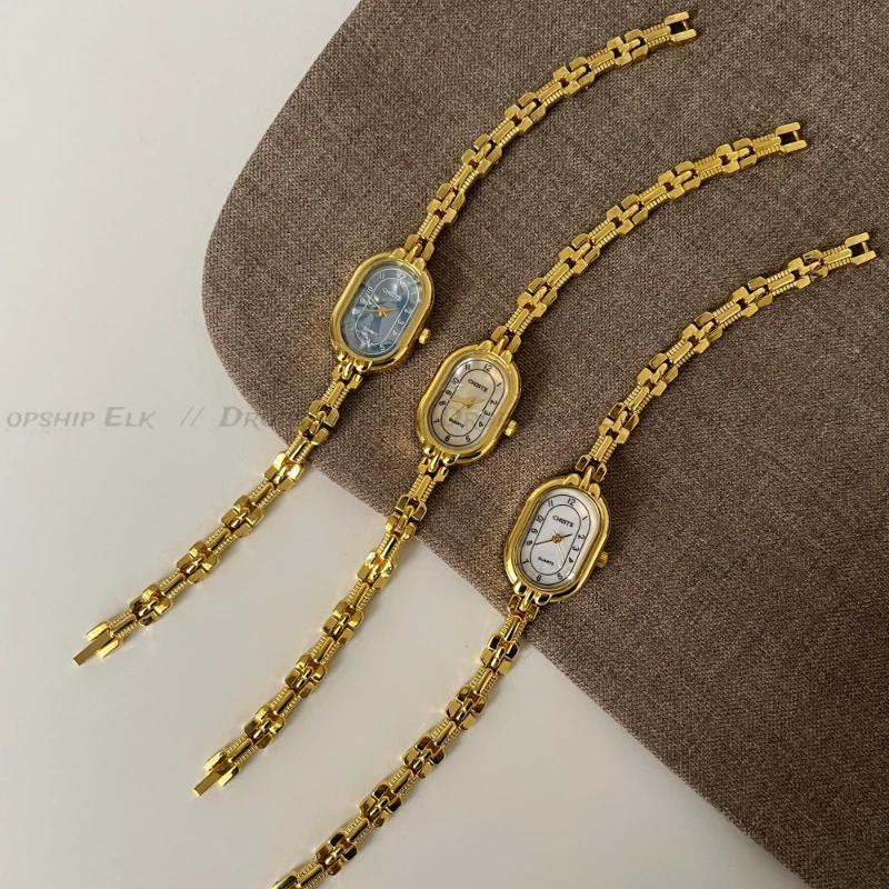 

Роскошные маленькие золотые часы с овальным циферблатом, тонкие часы-браслет, ретро женские модные кварцевые наручные часы для девочек, подарок, оптовая продажа