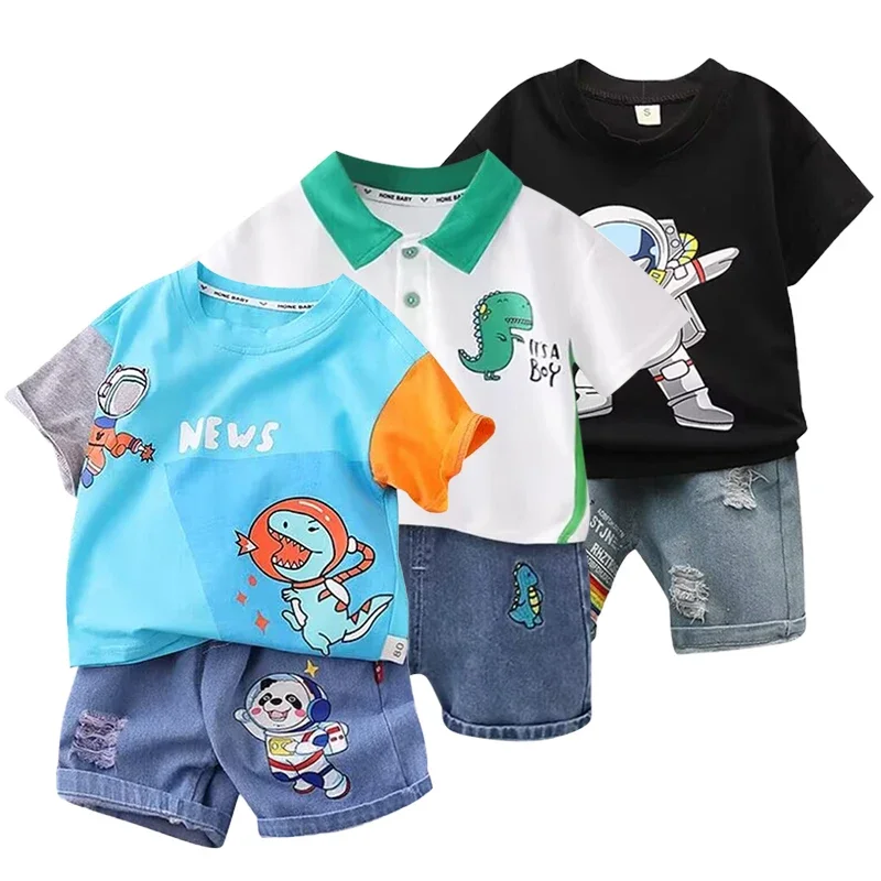 

2024 trade summer new cartoon printed round neck T-shirt casual sports jeans short sleeve set 1-5 year old baby children's set