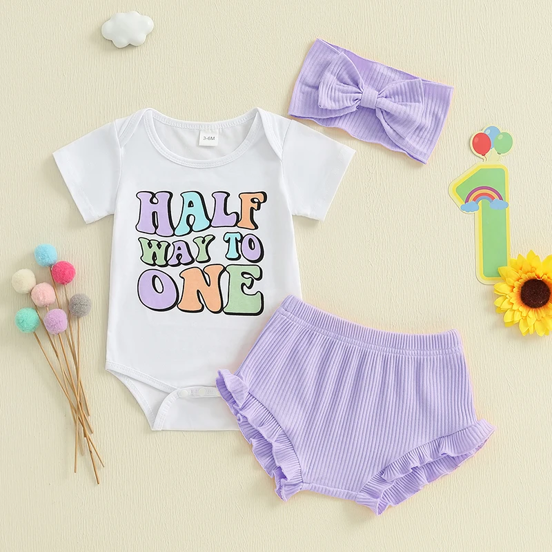 

Baby Girls Shorts Set Short Sleeve Letters Print Romper Elastic Waist Shorts with Hairband Summer Outfit