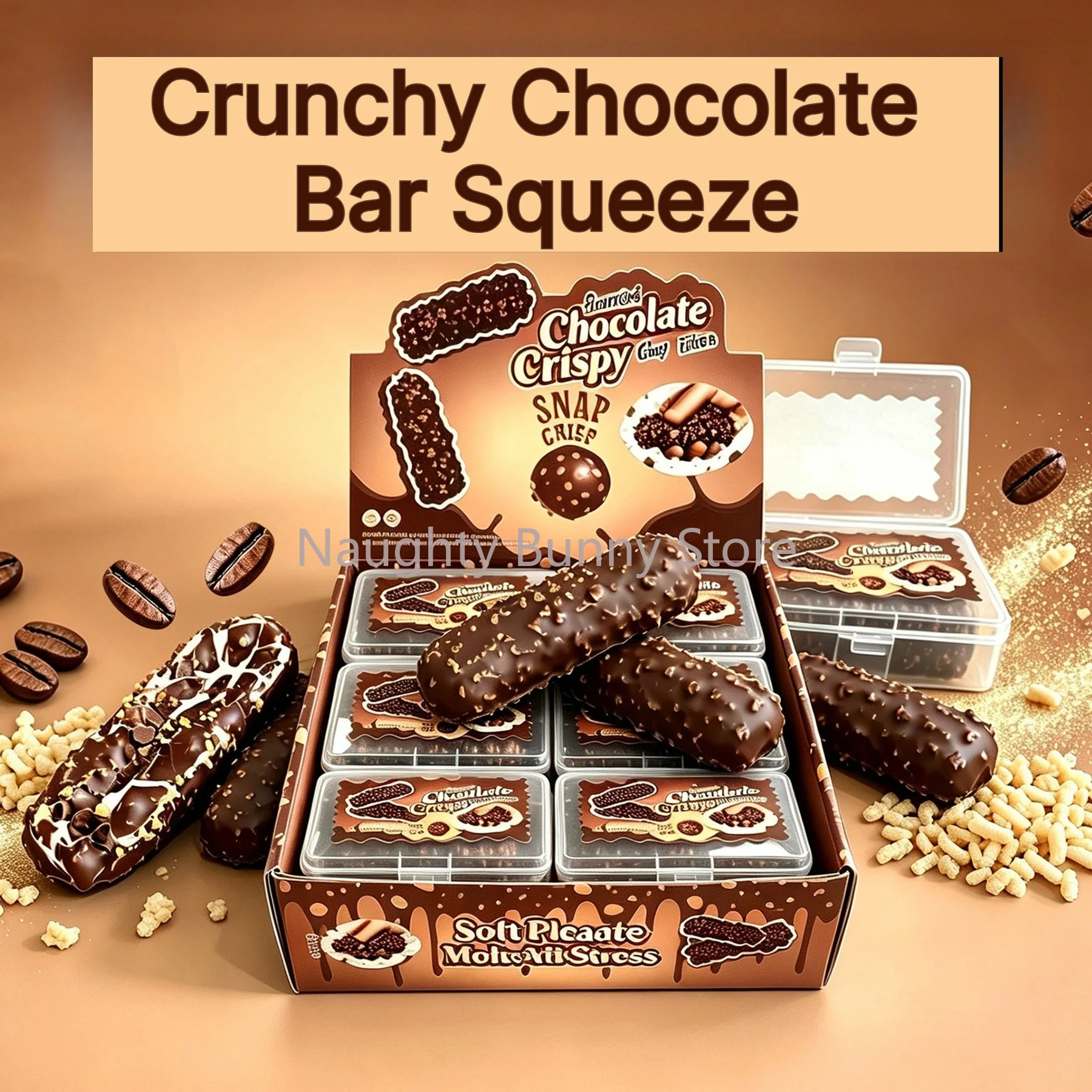 6個入り-12個入り-ピーナッツチョコレートバー-クランチーな感触のスクイーズおもちゃセット。リアルな食品をモチーフにした、柔らかいゴム製のスクイーズおもちゃ。誕生日パーティーの景品に最適。