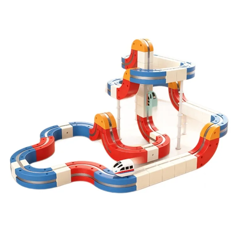 الكهربائية المزدوجة المسار المغناطيسي التجمع المكعب السحري قطار ألعاب تعليمية للأطفال الأولاد قطار صغير لعب نموذج السيارة #6
