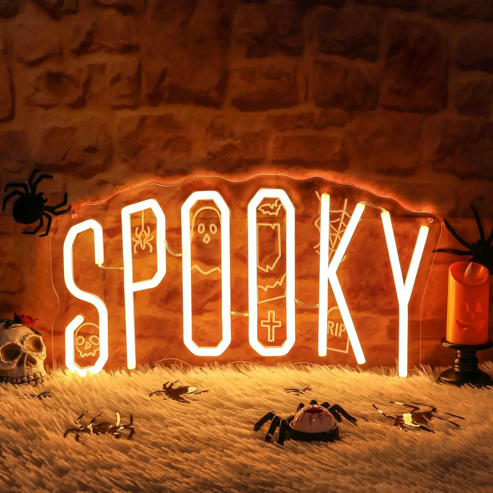 不気味なledネオンサイン-壁飾り-調光可能-ウォームホワイト文字-usb-3dウォールアート-ゴースト-スパイダー-バット-棺-頭蓋骨-バー-マンケイブ-パーティー