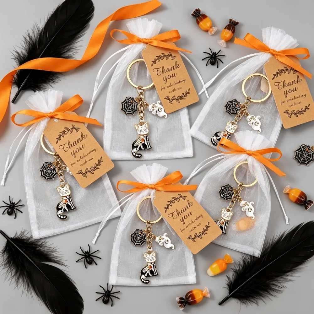 5‑10 Sets Halloween Black Cat Ghost Keychain Set with Thank You Tags Spooky Charm Pendant Halloween Party Guest Favor Gifts