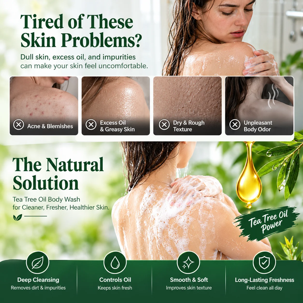OCEAURA Tea Tree Oil Body Wash Mild Formula, Moisturizing Nourishing and Cleansing Body Skin Refreshing Long‑lasting Fragrance