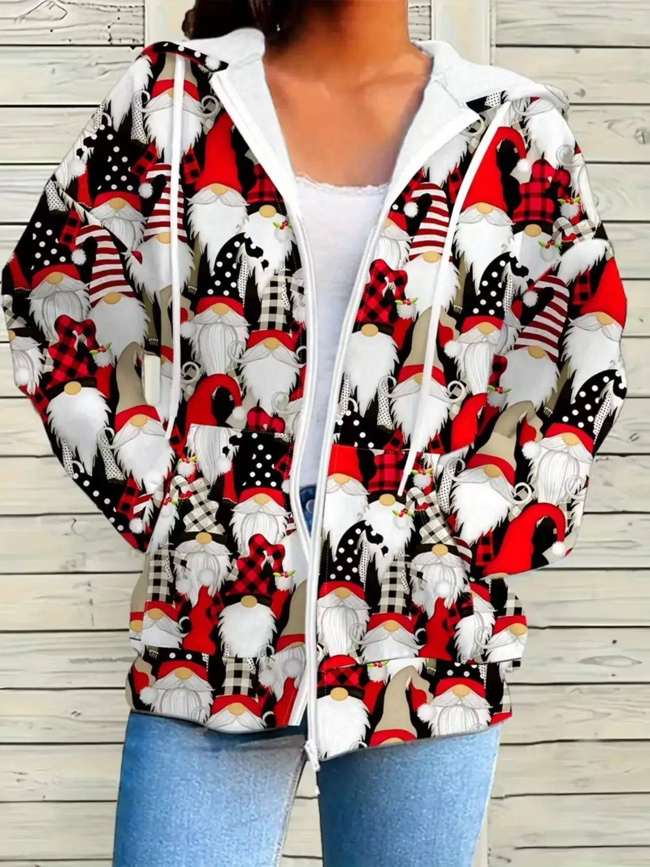 

Women's 3D Print Zippered Hooded Jacket - Retro H-Line Full-Zip Sweatshirt with Pockets, Santa Claus's Gift