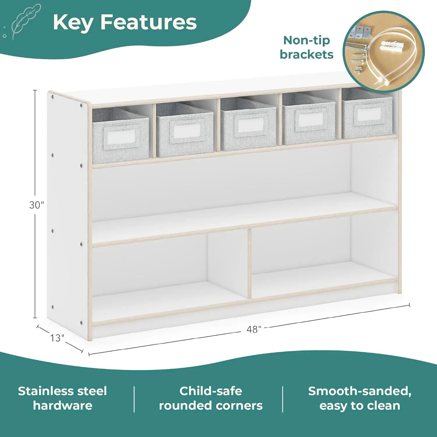 White Wooden Storage Cabinet 5 Bin Shelf School Home Book Toy Organizer, Customized