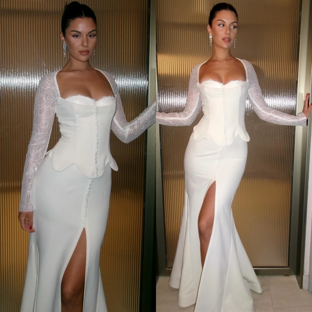 Customized Modern Jersey Evening Dress Delicate Long Sleeves Prom Dresses Temperament Square Collar Special Occasion Gowns