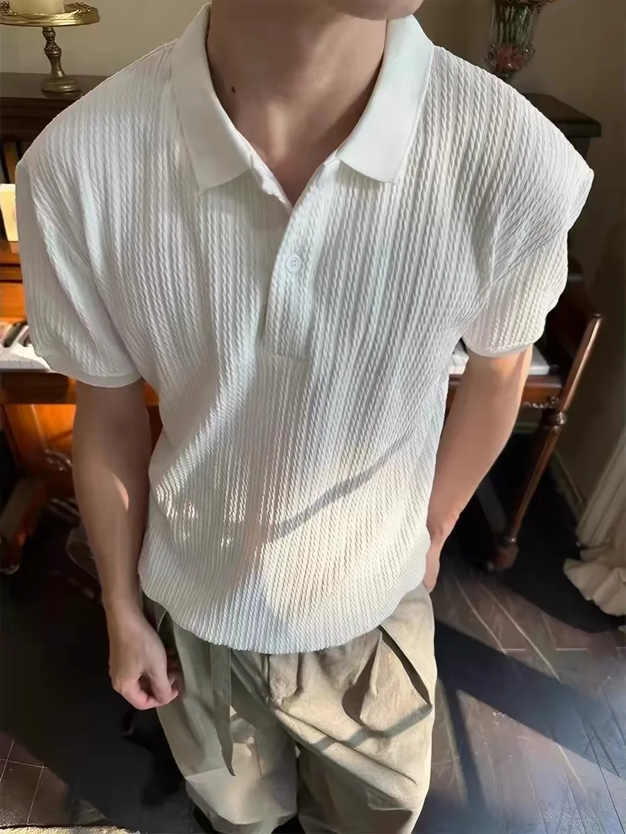 Cleanfit American Retro Horizontal Stripe Relief Henry Collar Short Sleeve T-Shirt Men's Summer Commute Casual Versatile Top