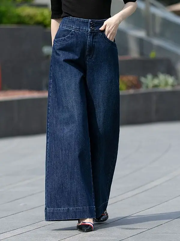 

High Waist Fleece Lined Wide Leg Jeans Women's Loose Fit Deep Blue Small Size Eight Nine Point Straight Cut Pants Casual Style