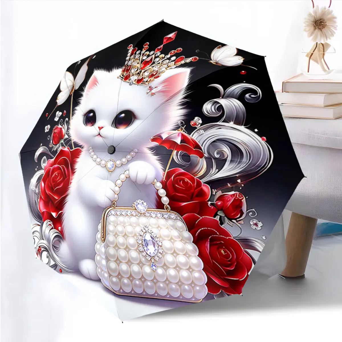 1PC Charming Cat with Roses and Pearls on Umbrella Print 8 Iron Ribs Folding Umbrella Auto-Open Fashion Sunshade