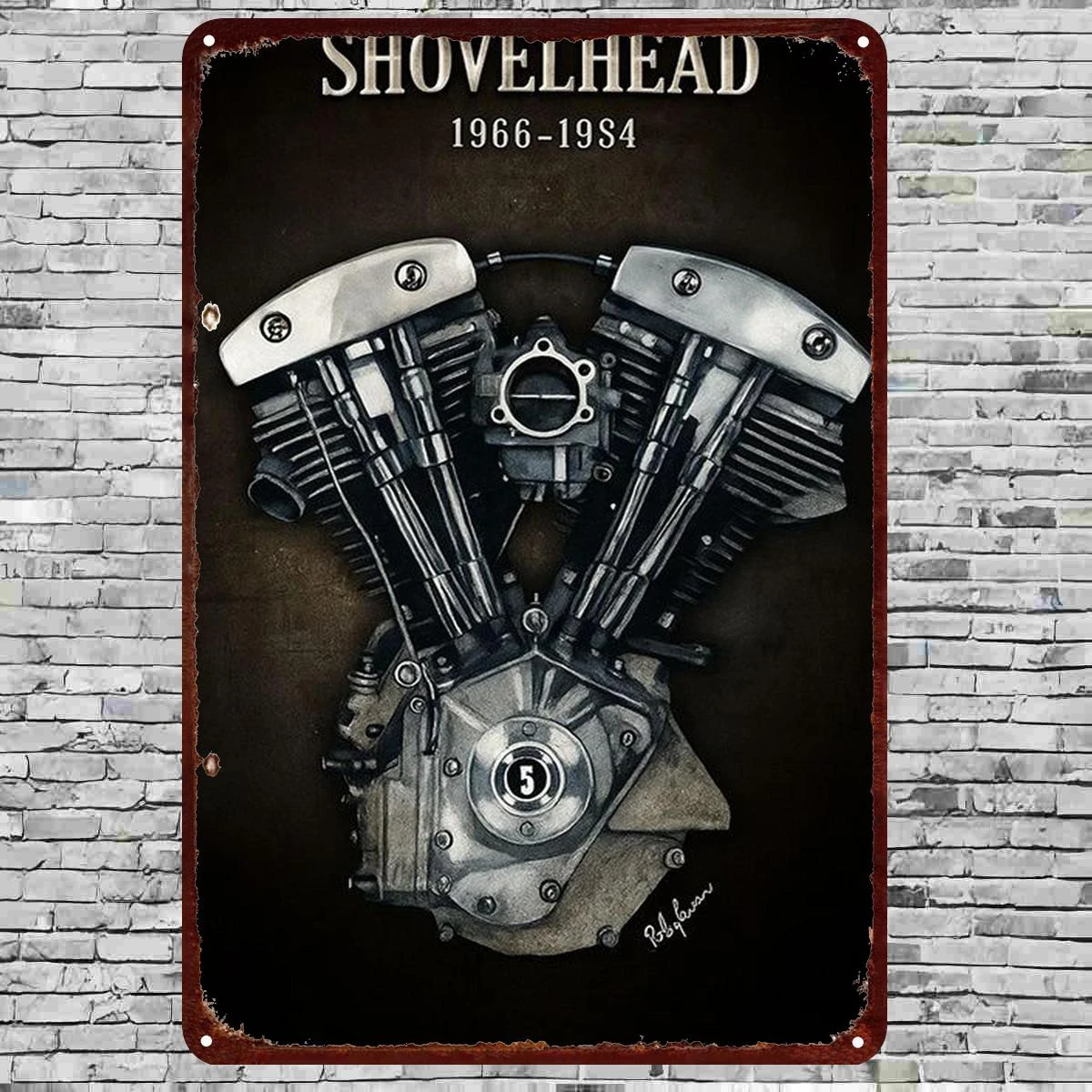 2D Flat, 2D Flat 1pc, Vintage Shovelhead Motorcycle Engine Metal Art Wall Decor (1966-1984) 20.32×30.48 cm, 2D Flat