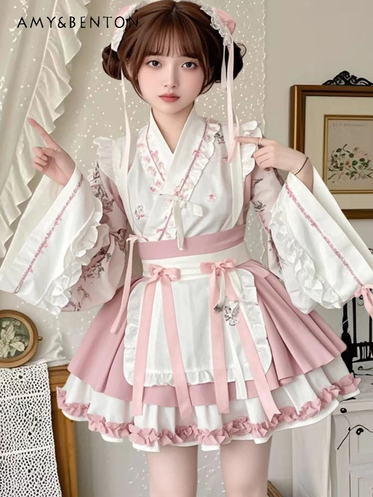 

Spring and Autumn New Chinese Style Purple Long Sleeve Butterfly Print Top Skirt Apron Lolita Set Blue Pink Short Maid Outfit