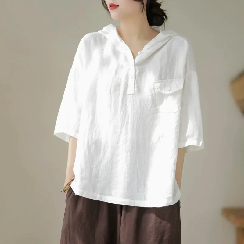 

Summer New Short-sleeved Cotton Linen Hooded Top Simple Literary Artistic Women's Loose Temperament Pullover Shirt