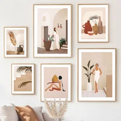 Fashion Girl Palm Monstera Leaf Vase Boho Landscape Posters And Prints Canvas Art Wall Decoration Home Paintings For Living Room