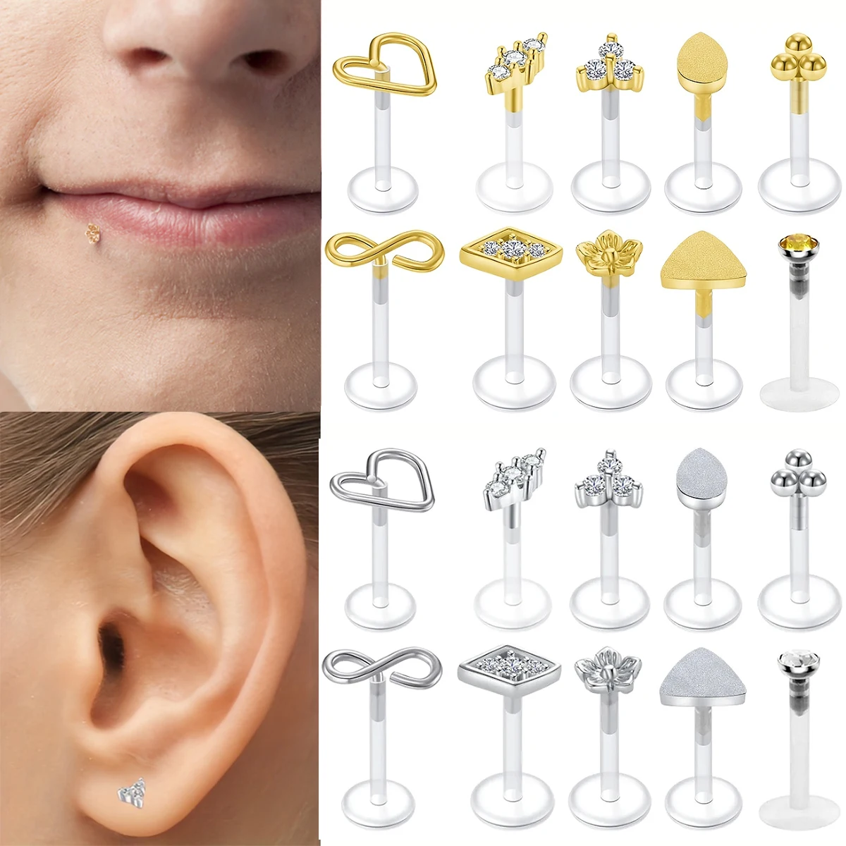 Ear Bone Studs, Heart-shaped Flat Lip Studs, Stainless Steel UV Transparent Flower Ear Studs, Fashionable Piercing 1-10PCS