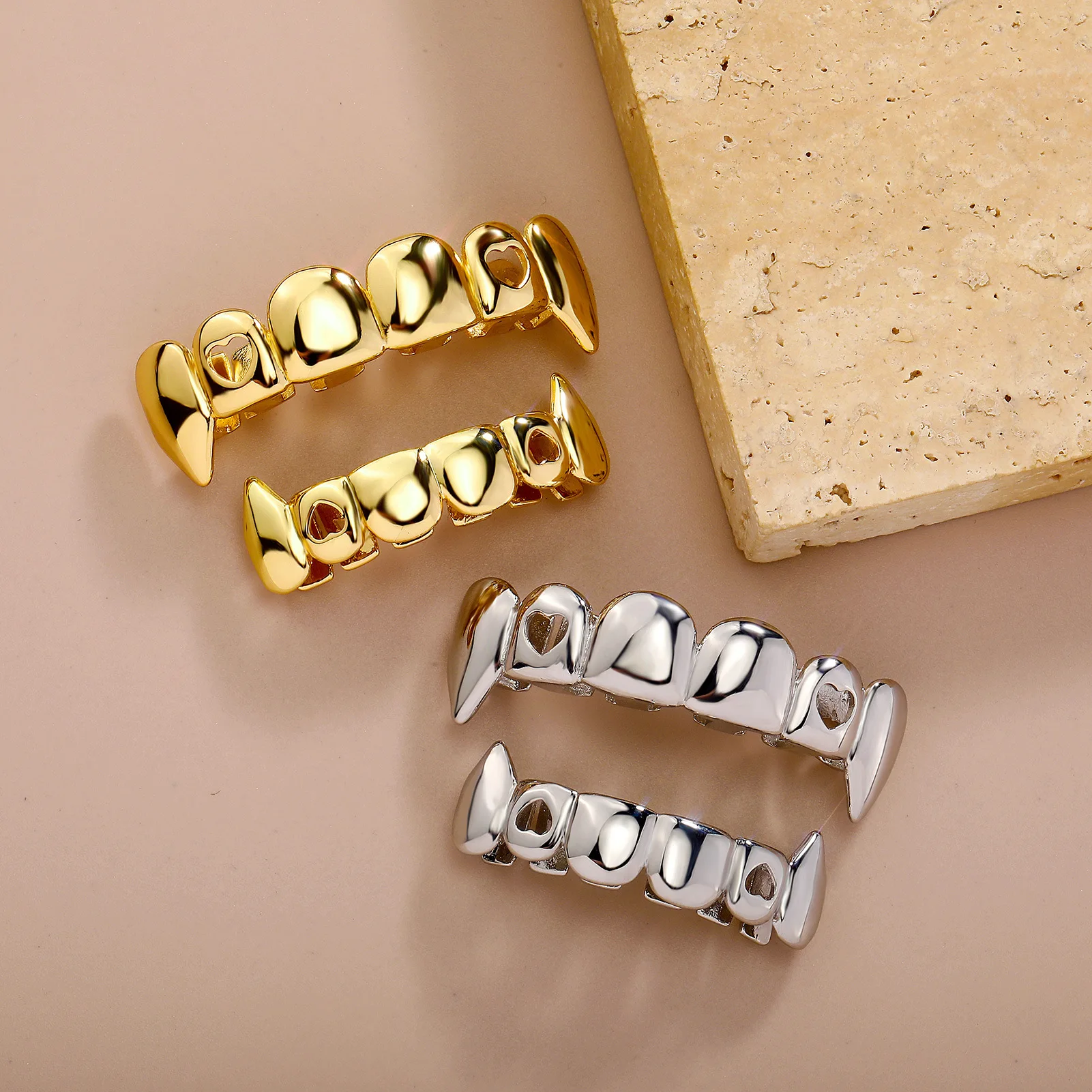 Gold Silver Plated 6 Teeth Vampire Fangs Grillz Smooth Plain Top Bottom Hip Hop Teeth Halloween Cosplay Rapper Costume Jewelry