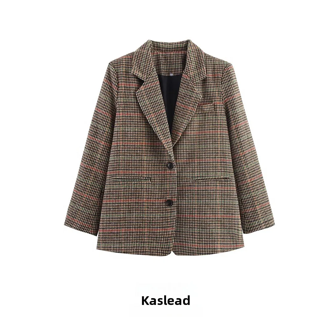 

KASLEAD New Faionable Casual Plaid Woolen Suit Jaet Women's ort Outerwear Long Sve Polyester Fiber Autumn Season