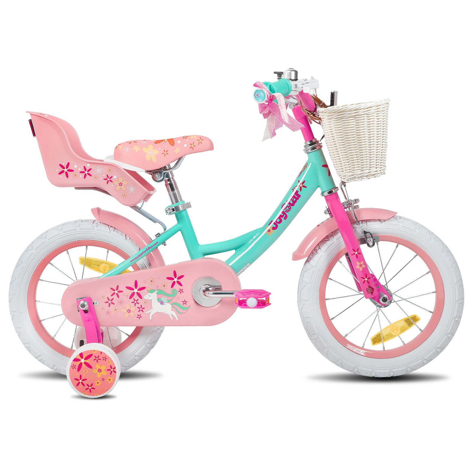 Joystar Mädchen Fahrrad für 2-9 Jahre alte Kinder, 12 14 16 18 Zoll Kinder fahrrad mit Stützrädern, Luft schlangen, Korb und Puppen sitz 3