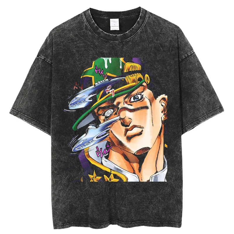 

New Vintage Washed Tshirts for Men Printing Anime JoJo's Bizarre Adventure Harajuku Oversize Tee Streetwear Summer T-shirt