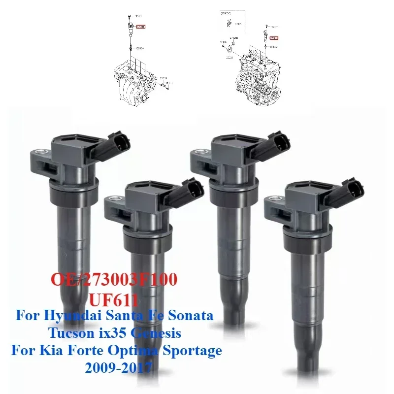 Set of 4 Ignition Coils UF611#273003F100 For Hyundai Santa Fe Sonata Tucson ix35 Genesis For Kia Forte Optima Sportage 2009-2017